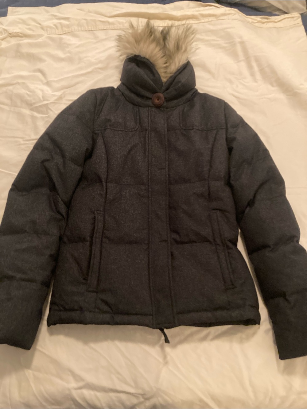 Women's Prana Charcoal Puffer Jacket with Faux Fur Hood